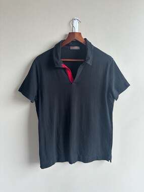 Vintage Prada Sport Black 100% Cotton V-Neck Polo with Red Logo Placket